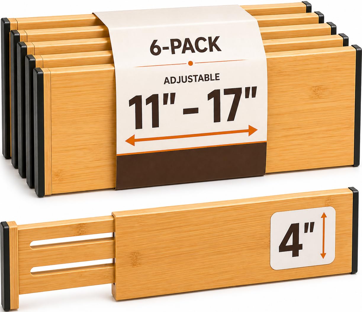 Confezione da 6 divisori per cassetti in bambù, altezza 10 cm, regolabili da 29 a 43 cm, espandibili per cassetti della cucina, separatore a molla per utensili, vestiti, camera da letto, bagno, asilo