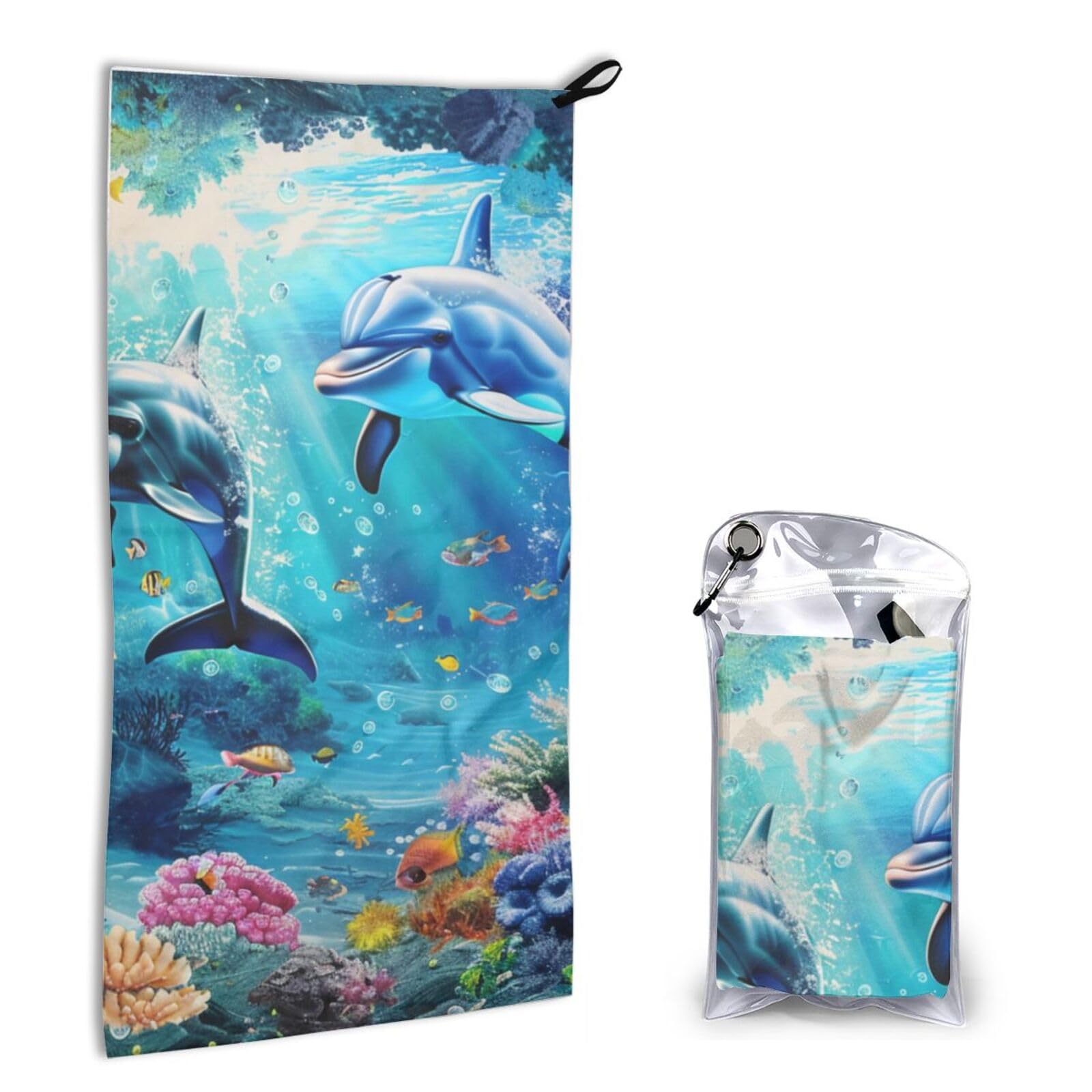 BWWHCCTI Quick Dry Hand Towel With Bag - Sea Underwater Dolphin Fish Printed Super Absorbent Face Cloth Microfiber Travel Sports Towels 40x80cm
