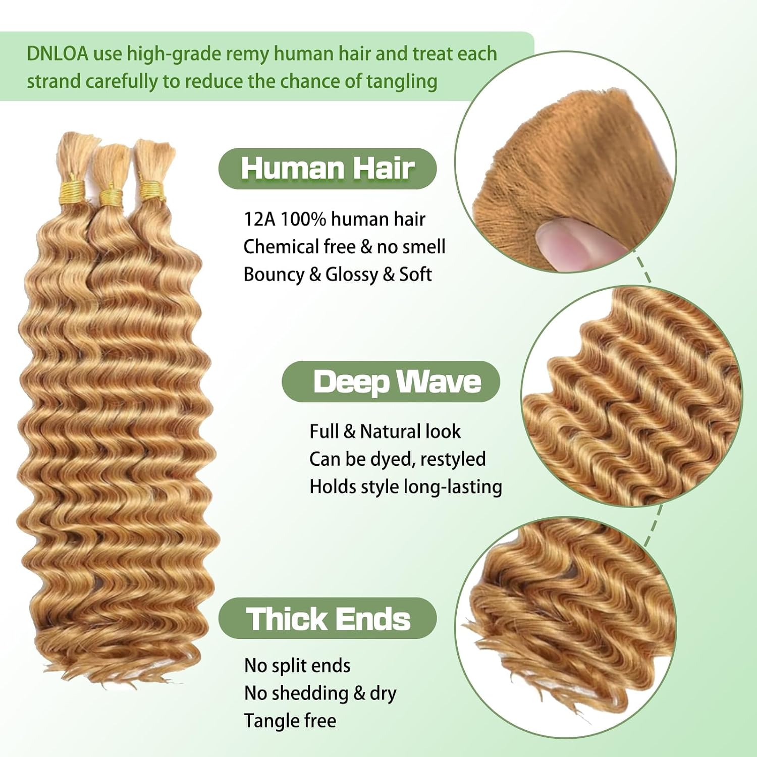 Human Braiding Hair for Boho Braids, 20 Inch 100% 12A Deep Wave Boho Hair for Braiding 3 Bundles/Pack Bohemian Bulk Human hair No Weft Extensions for Braid with Curly Ends 110g Caramel Honey Blonde