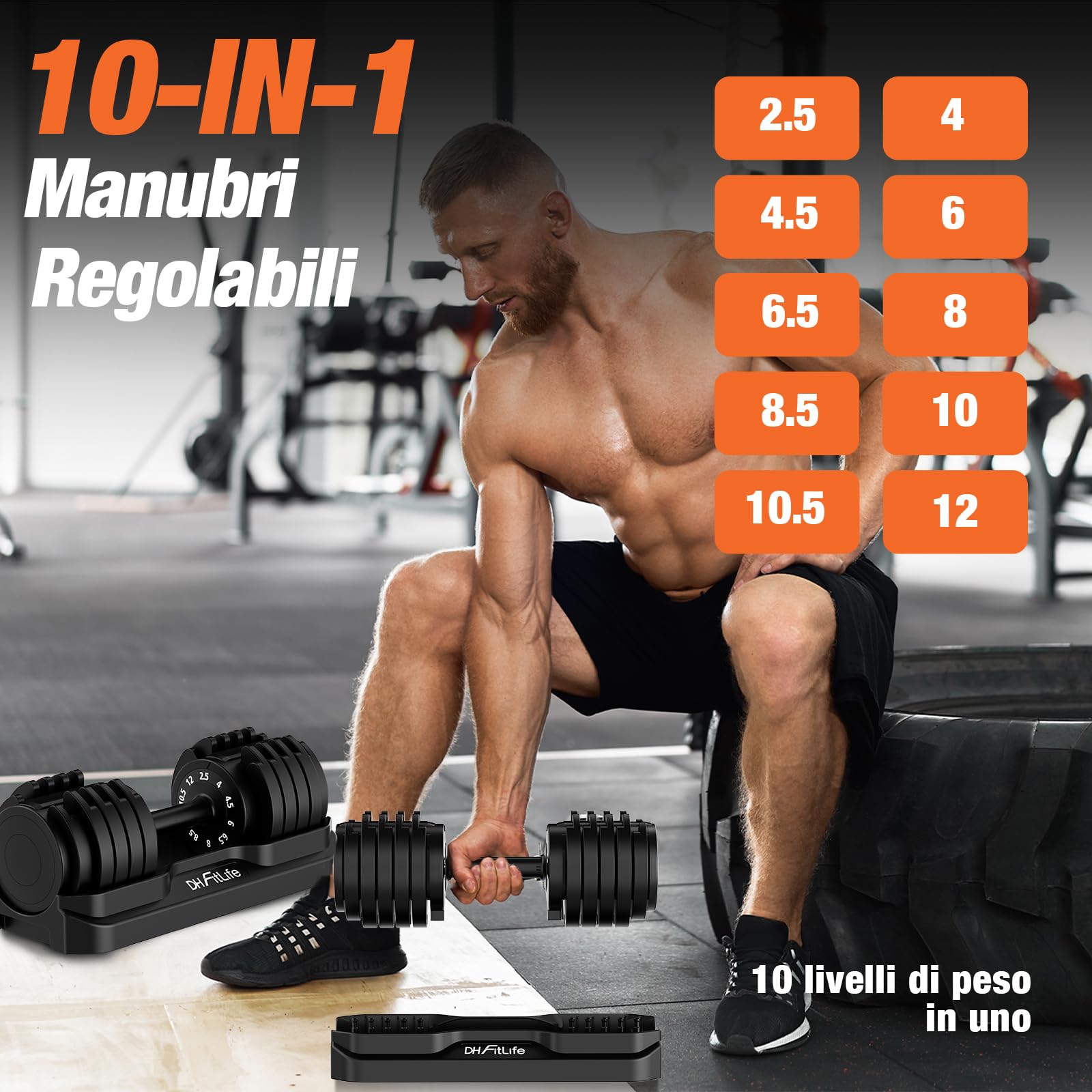 DH FitLife 12kg/25kg Manubri Regolabili, Set Manubri Componibili con 10 Pesi in 1, Manubri Regolabili Salvaspazio per Allenamento a Casa