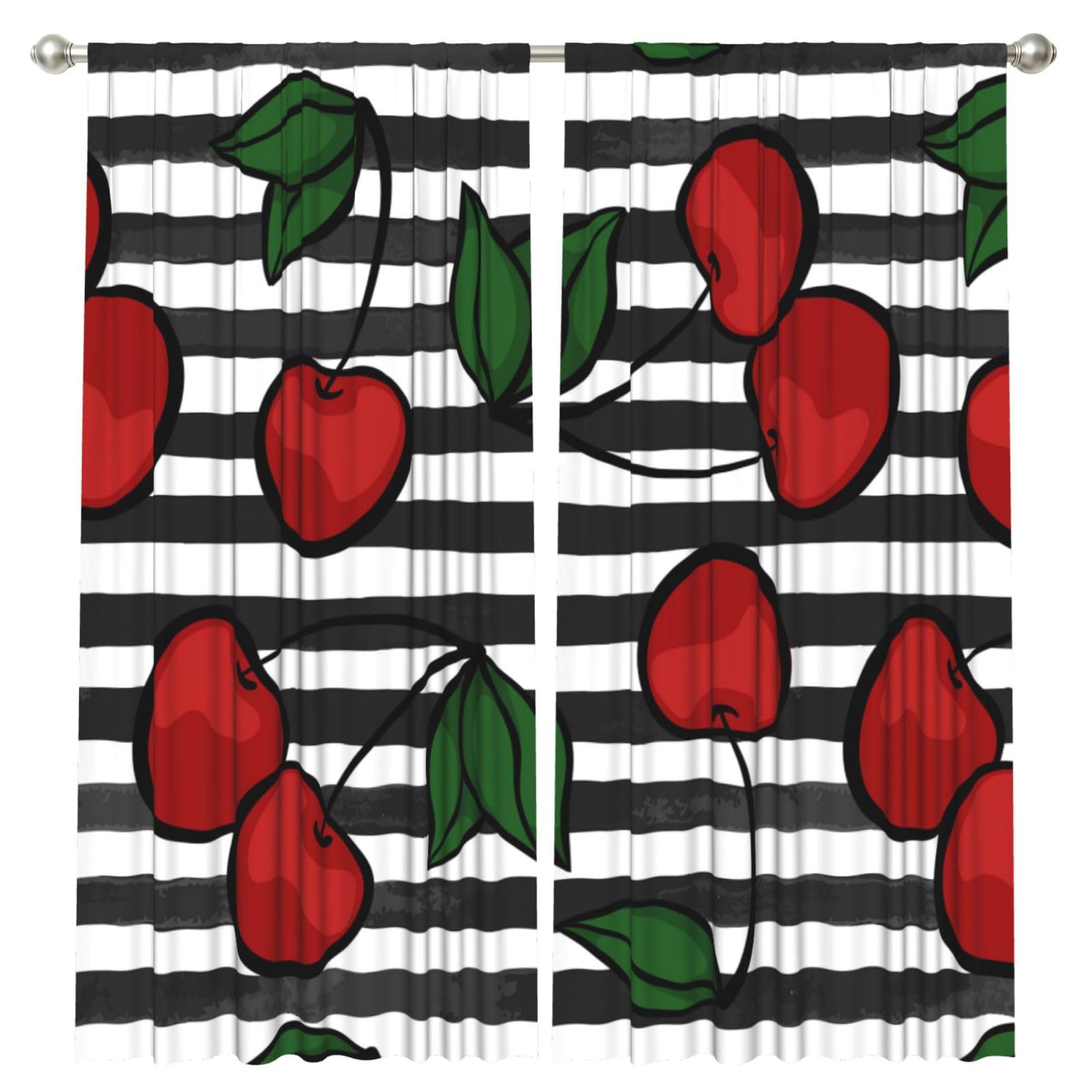 InOmak With Cherry On Black And White, 2 Panels Window Curtains 52 x 84 Inch Blackout Curtains for Living Room Bedroom
