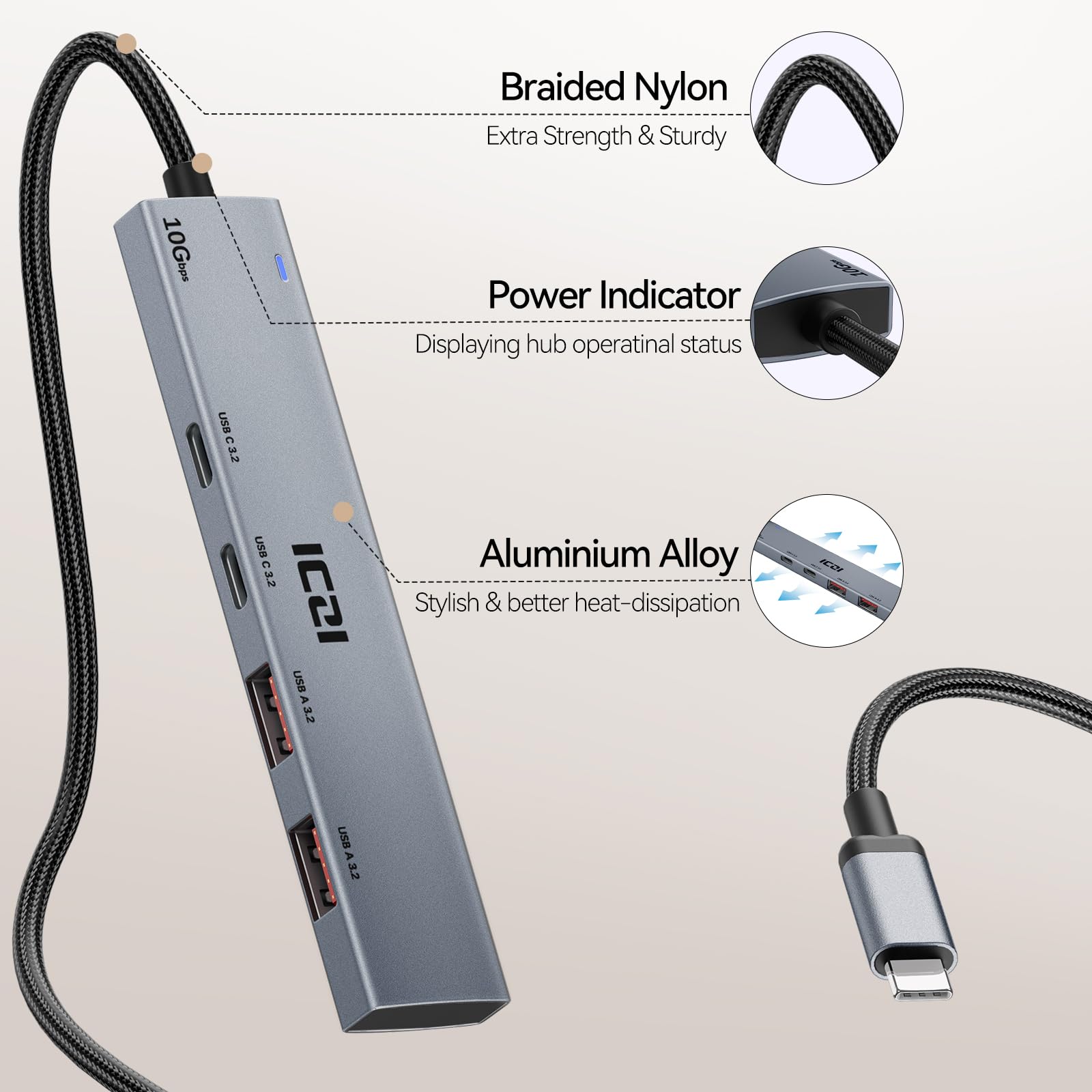 ICZI Hub USB C 3.2 10Gbps 4 Porte Sdoppiatore Adattatore 120cm con 2*USB-A e 2*USB-C Compatibile con Macbook Air/Pro, Laptop, Surface, Galaxy S25, iPhone 16