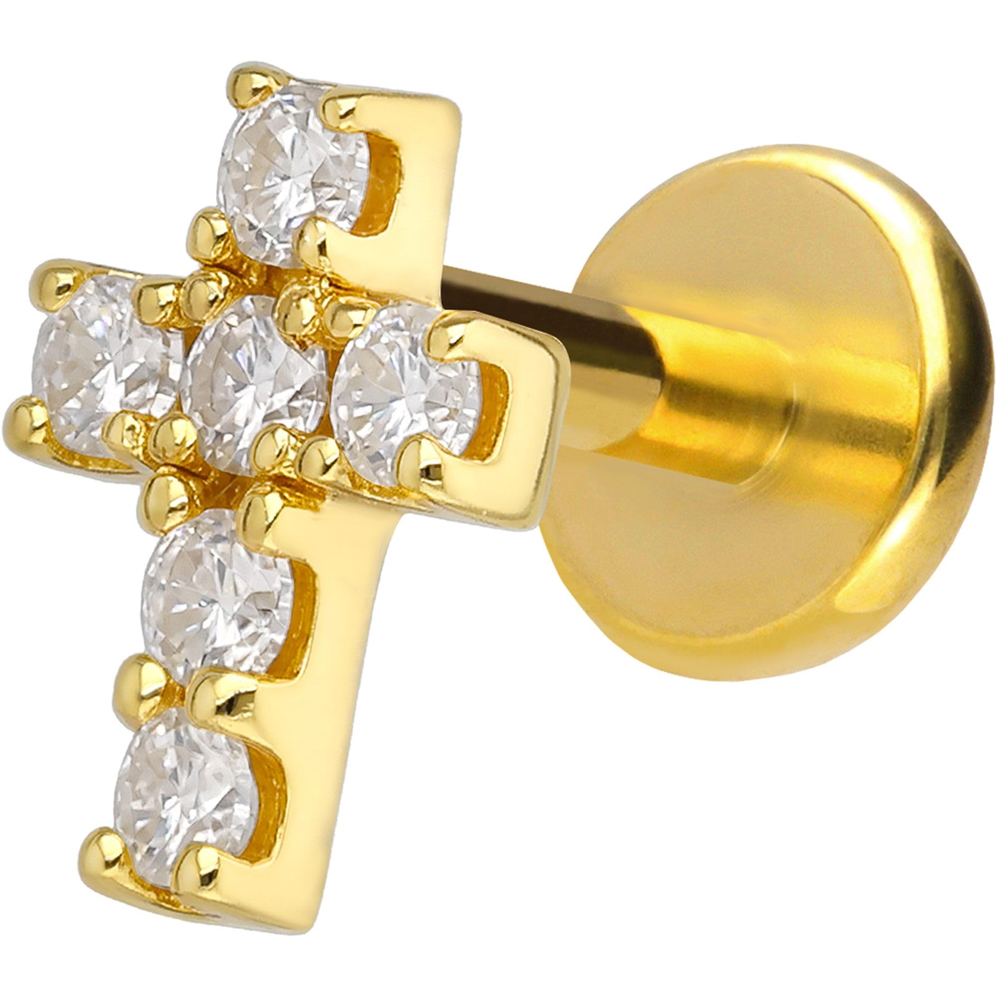 PIERCINGLINE Piercing Stecker Titan Labret mit Innengewinde + 925er Silber Aufsatz MOISSANIT-KREUZ - Goldfarben, Silberfarben