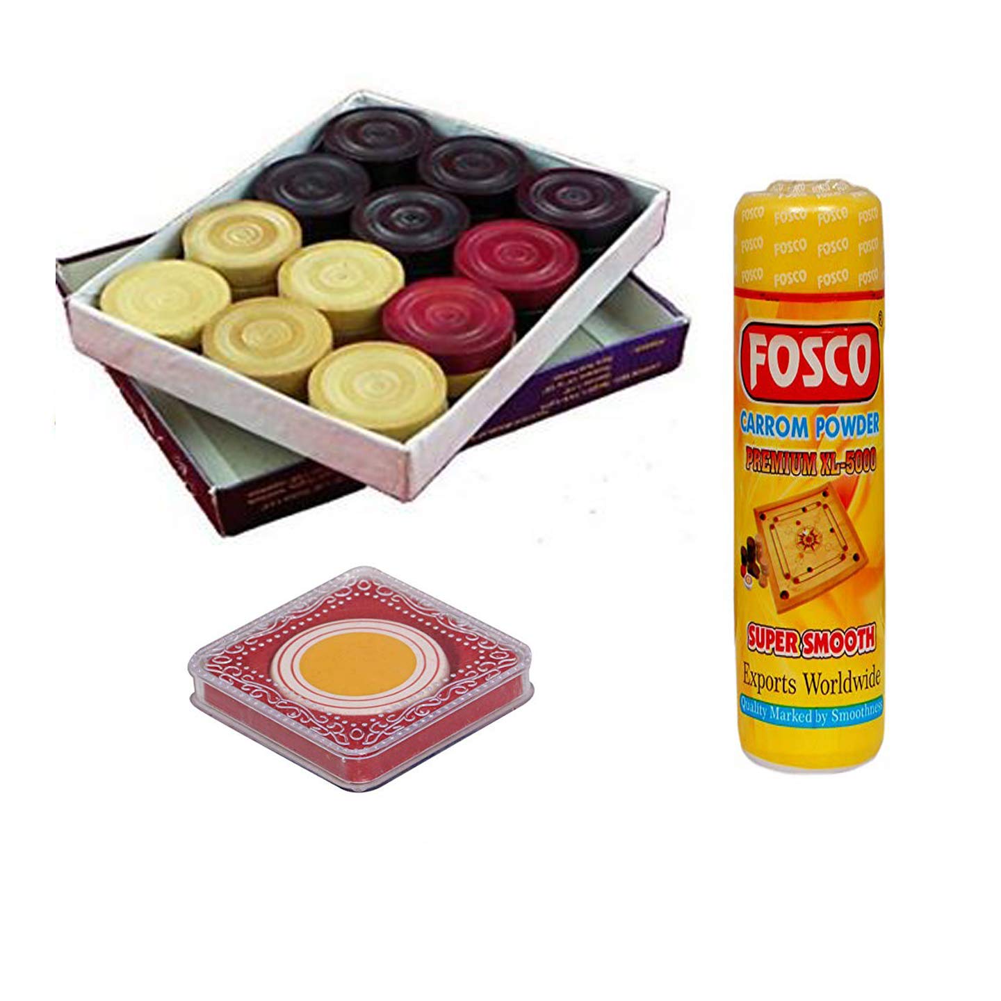 Optimus® Premium Carrom Combo O - 250 gm Disco Carrom Powder 1 Set Wooden Carrom-Men Coins & 1 Acrylic Striker