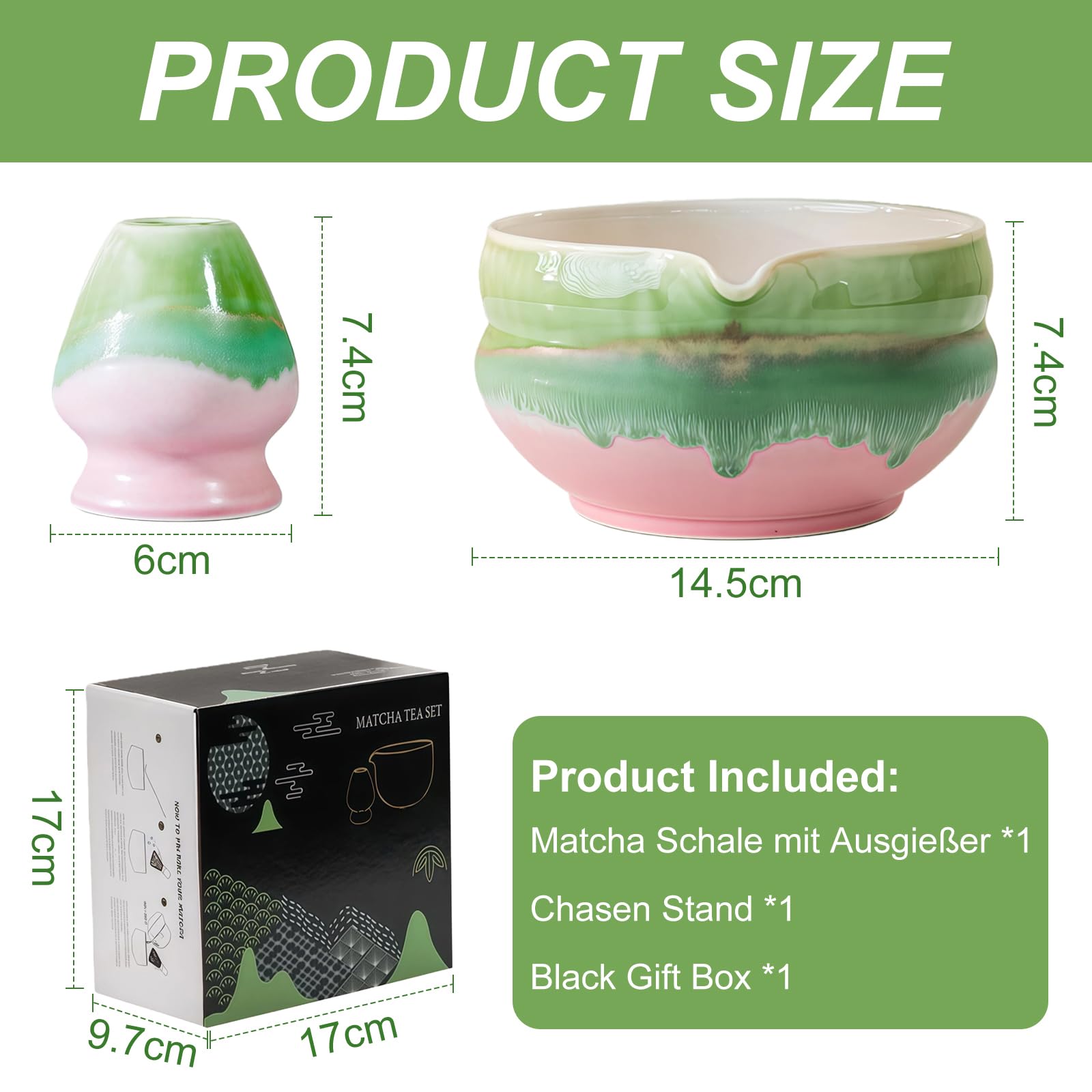 2-częściowy zestaw miseczek do matchy z dzióbkiem, różowy zestaw do herbaty matcha, z miską do matchy chawan i ceramicznym uchwytem na miotły, akwarela, glazurowana porcelana z pudełkiem