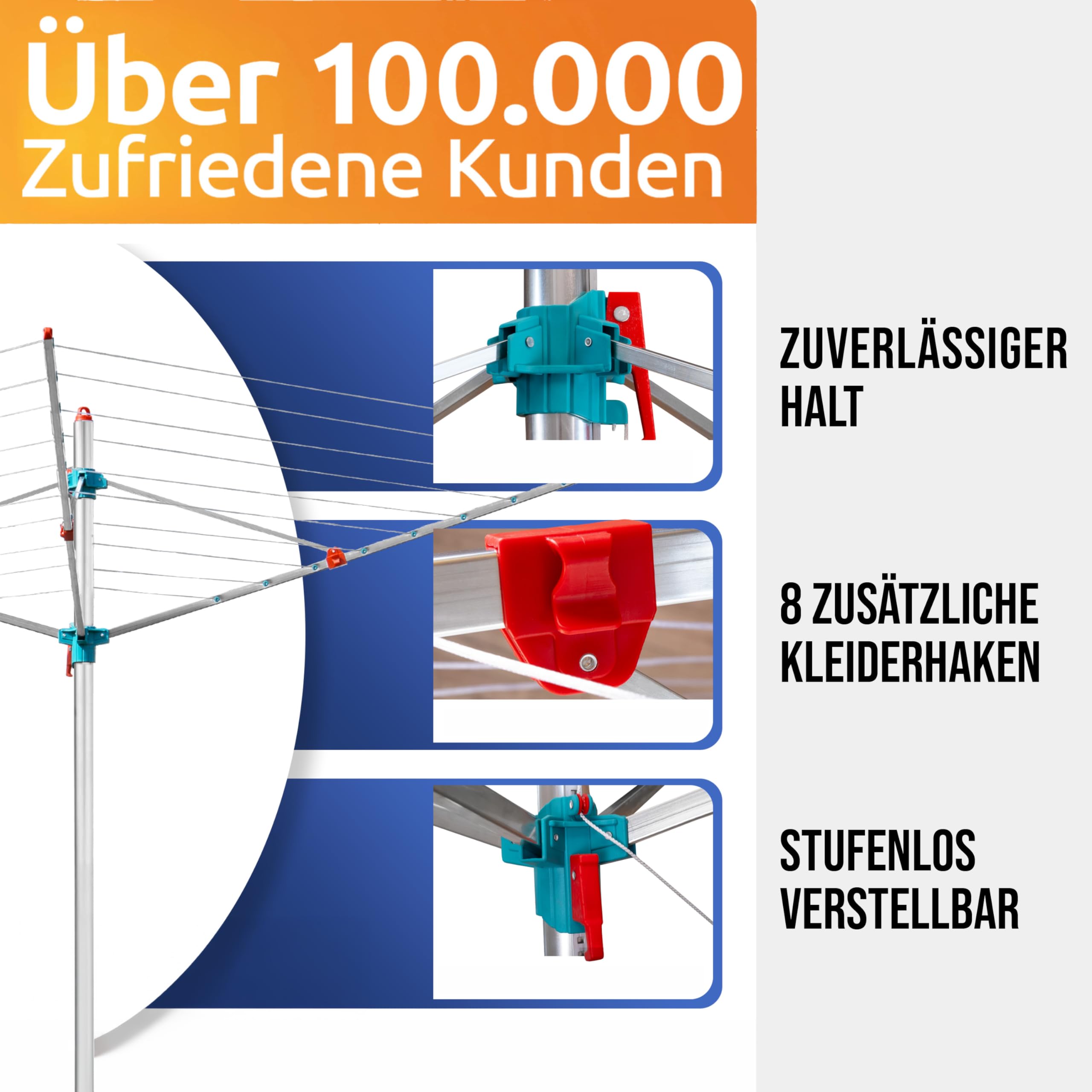 STAHLMANN® Wäschespinne draußen [Made IN Germany ] - Wäschespinne[47 M Leinenlänge] inkl. Bodenhülsen mit Deckel - höhenverstellbareWäschespinne aus hochwertigem Aluminium