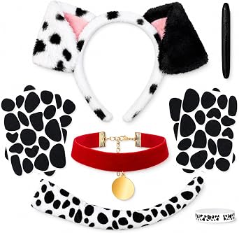 Dalmatian Costume Include Dog Ear Headband Velvet Choker Tail and Felt Stickers for Party Dress Up