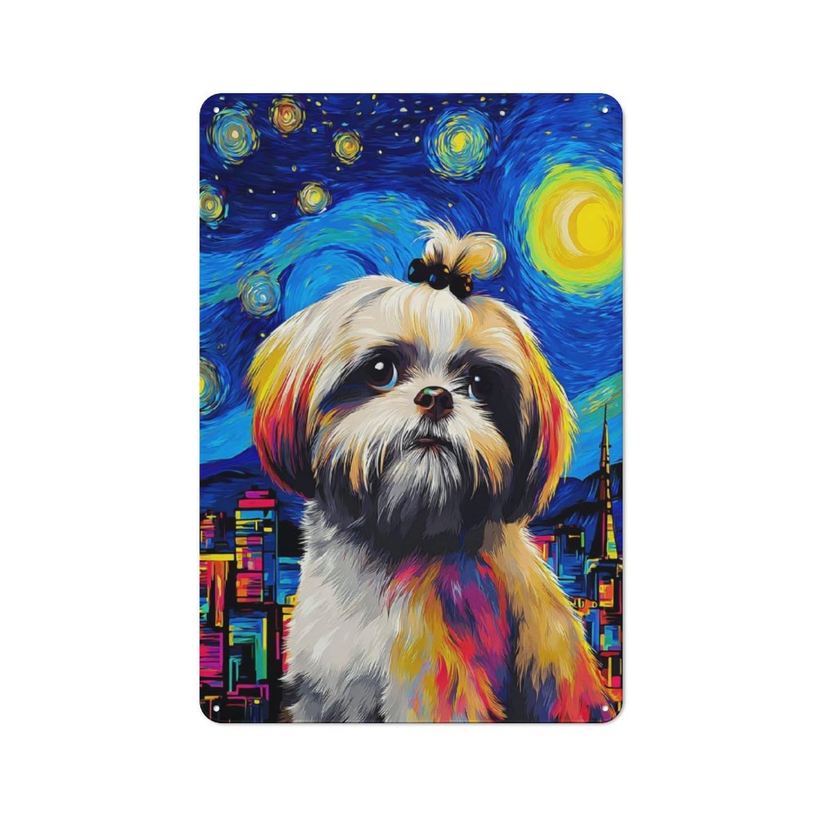 Junmoney Starry Night Dog Portrait -28 Metal Wall Sign 30X20cm Featuring For Garage Or Workshop, For Vintage Wall Decor Fans, For Metal Sign Collectors