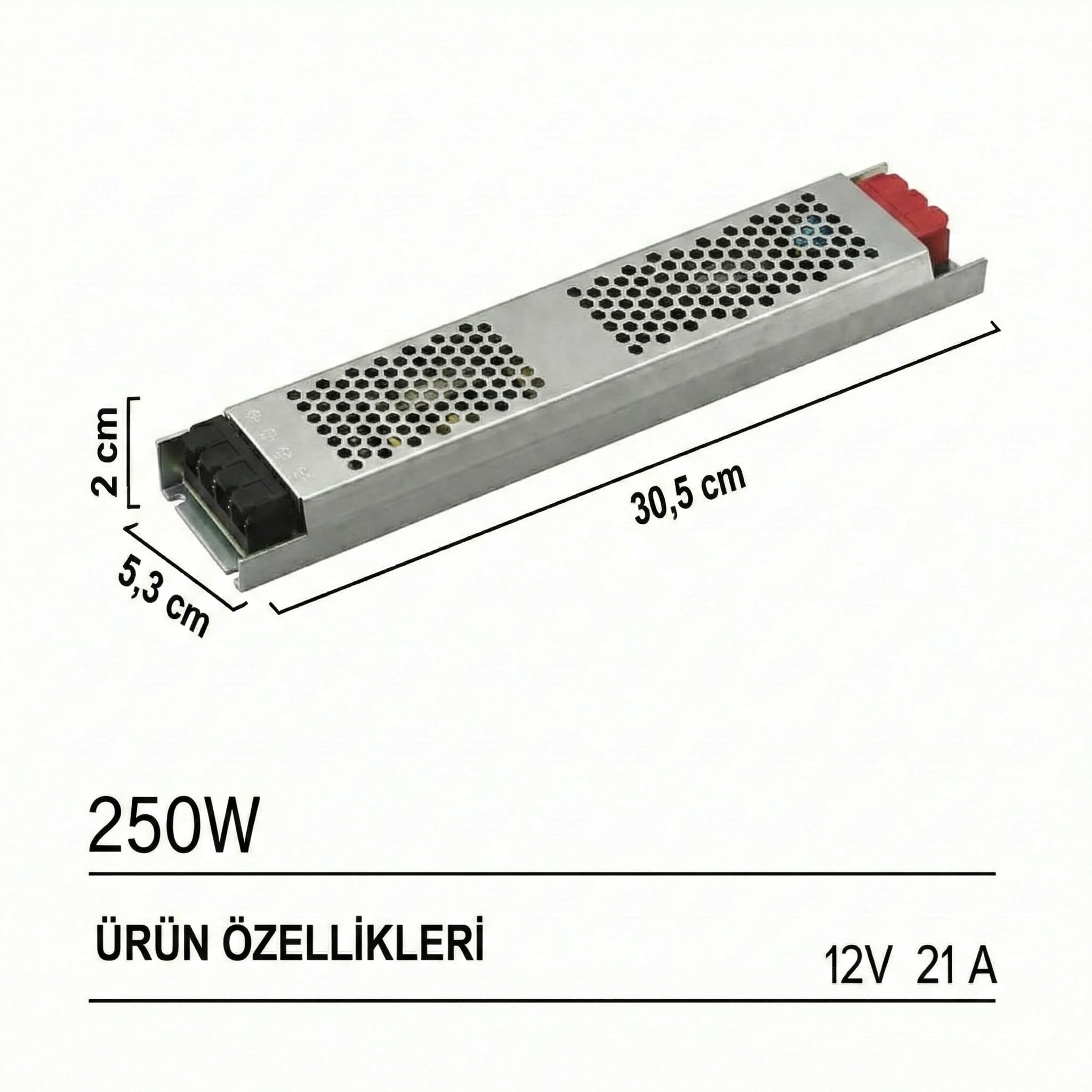 12V Ultra Slim Sessiz Şerit LED Trafosu - Cata Metal Kasa İnce Tasarım Klemensli Adaptör (5A / 12.5A / 17A / 21A / 30A Seçenekleri), IP20 İç Mekan (21 Amper)
