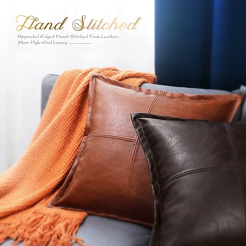 Miniatura 4 de BRAWARM Almohada de cuero café de 22 x 22 pulgadas, funda de almohada de piel sintética con ribetes, fundas de almohada decorativas de cuero cosido