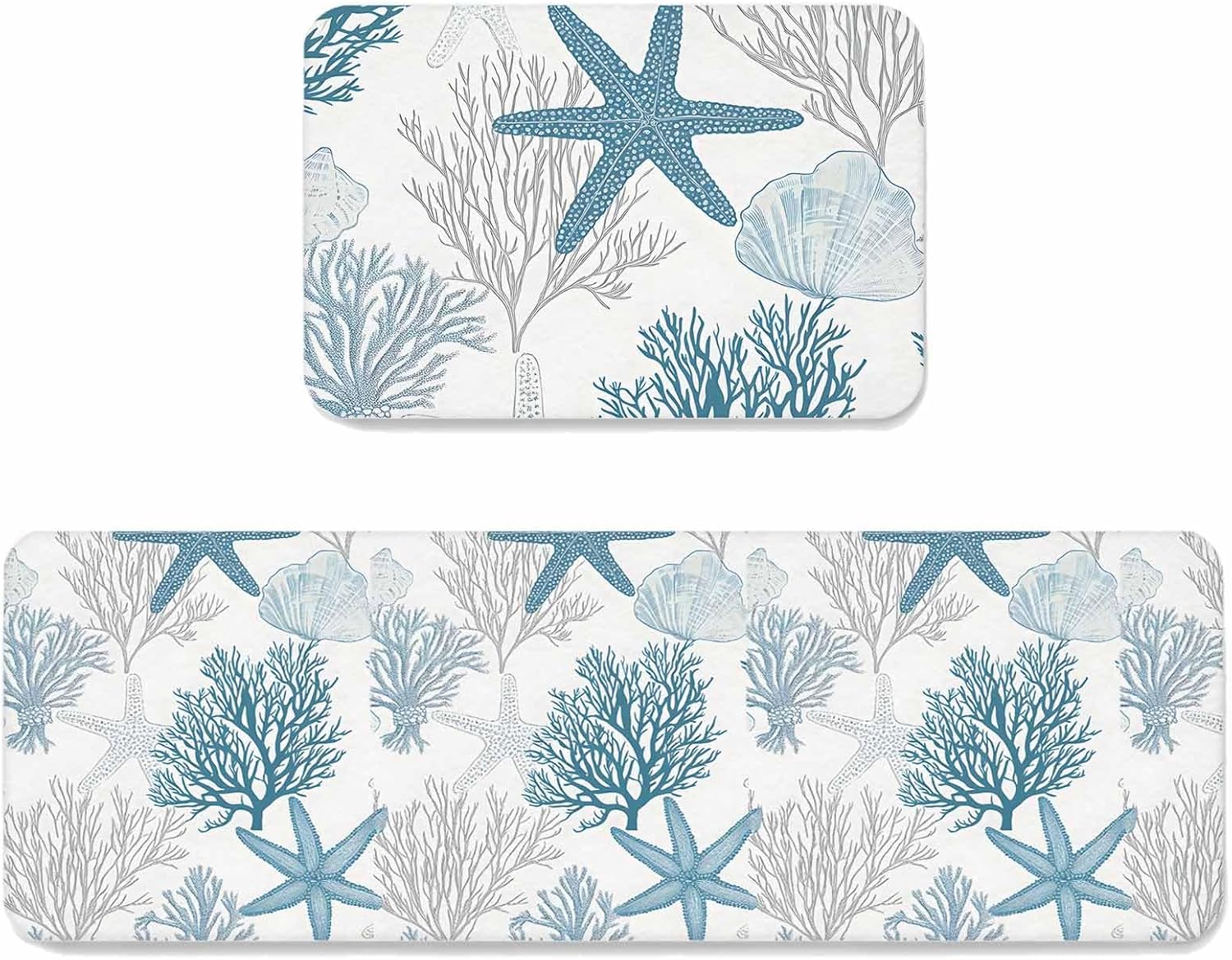 Prime Leader Summer Ocean Kitchen Mat Set 2 Pieces Starfish Seashell Coral Marine Life Coastal Non Slip Kitchen Rugs Washable Runner Rug Mats for Sink Laundry (15.7" x 23.6"+15.7" x 47.2")
