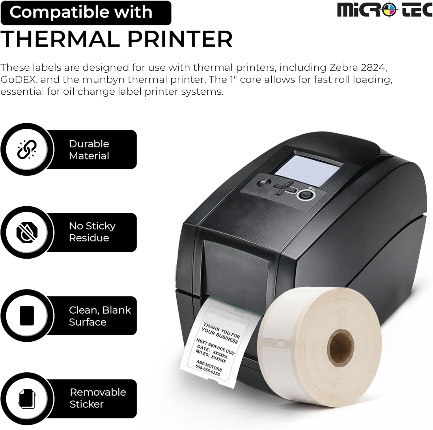 MICRO TEC Static Cling Oil Change Stickers 1.4" x 2.15" – Glossy Windshield Service Reminder Labels – Ribbon Print Compatible with Zebra TLP-2824 Plus & GODEX RT-200i – 400 Labels/Roll (Roll of 2)