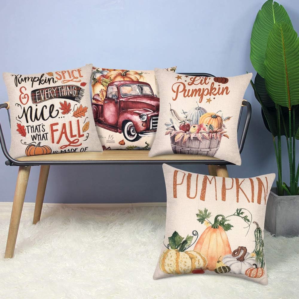 Fall Pillow Covers 18x18 Set of 4, Thanksgiving Farmhouse Autumn Decorative Throw Pillow Covers, Cushion case Set for Sofa, Couch, Bed and Car