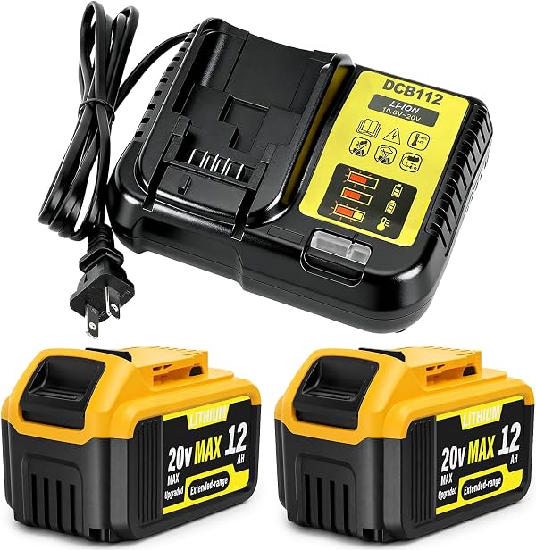 2 Paquetes de Batería de Iones de Litio 12000mAh 20V Max y Cargador, Alta Capacidad de Repuesto para Herramientas Eléctricas DEWALT 20V MAX, Carga Rápida Incluida