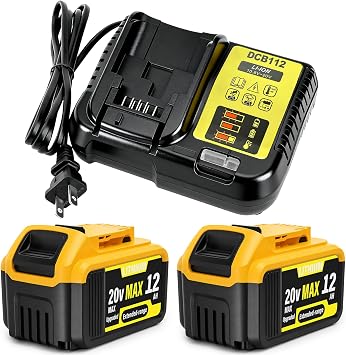 2-Pack 12000mAh 20V Max Lithium-Ion Battery & Charger Combo, High Capacity Replacement for DEWALT 20V MAX Battery Power Tools, Fast Charging Included