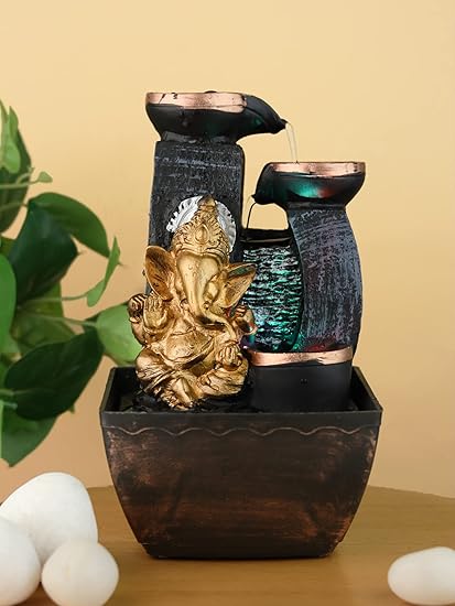 SPLICE 3 Steps Diya Brown & Golden Sitting Ganesha Home Decor Water Fountain