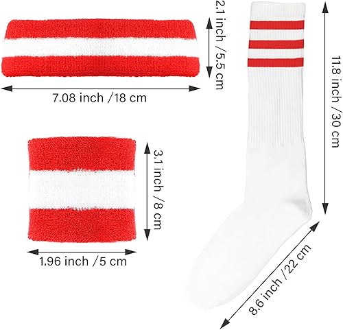 Miniatura 2 de Juego de 5 bandas para el sudor y calcetines a rayas, bandas para el sudor de los años 80, disfraz de los años 90, bandas para el sudor de muñeca