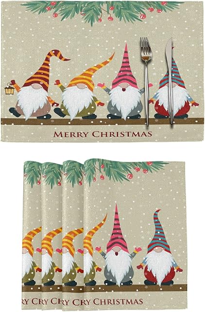 Christmas Placemats Set of 6 Christmas Card With Gnomes Placemat Table Place Mats for Dining Kitchen Table Easy to Clean Washable
