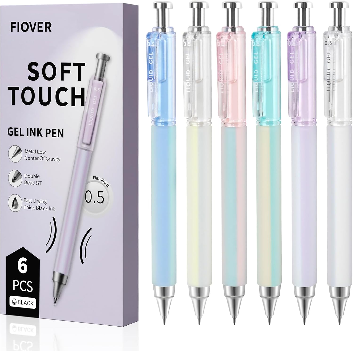 FIOVER 6 Pack Bolígrafos Gel Negros 0.5mm Punta Fina