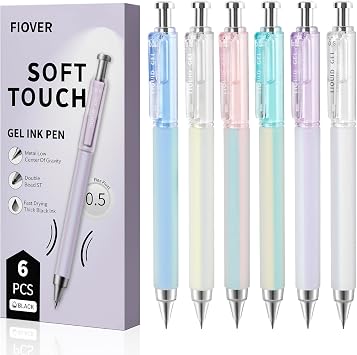 FIOVER 6 Pack 0.5mm Black Gel Pens, Quick Dry Fine Tip Pens with Soft Silicone Grip, Smooth Retractable Pens for Nurses, Teachers, Office & Journaling