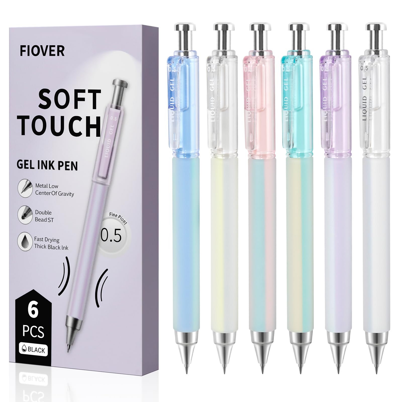 FIOVER Gel Pens, 6 Pcs 0.5mm Quick Dry Black Ink Pens, Fine Point Smooth Writing Pens, Retractable with Silicone Grip, High-End Cute Aesthetic Office School Supplies, Gifts for Women Men (6pcs black)