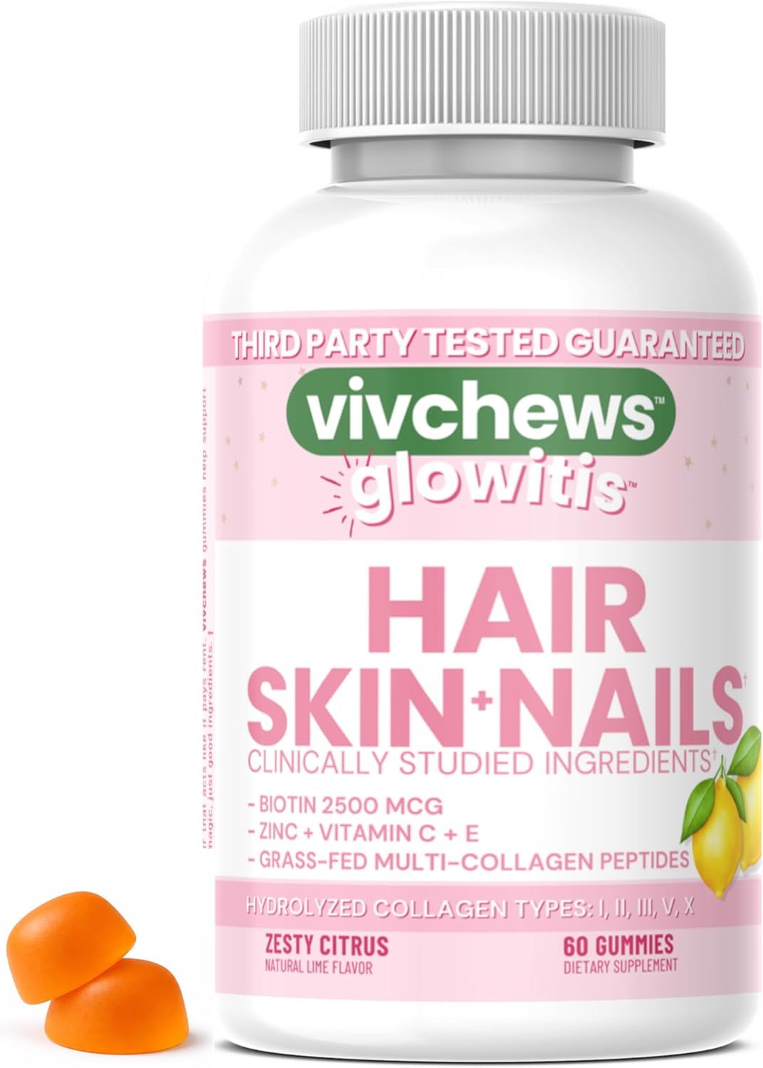 Glowitis Hair, Skin & Nails Gummies for Thick Hair, Strong Nails & Healthy Skin with Hydrolyzed Multi-Collagen Peptides, Biotin, Zinc, Vitamins C & E, Gluten-Free, Zesty Citrus Flavor, 60 Ct