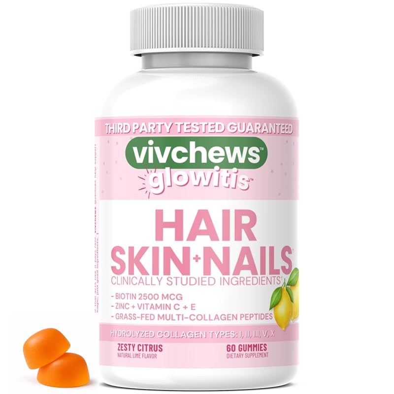 vivchews Glowitis Gomas para cabelos, pele e unhas com biotina 2.500 mcg e peptídeos de colágeno, 60 gomas