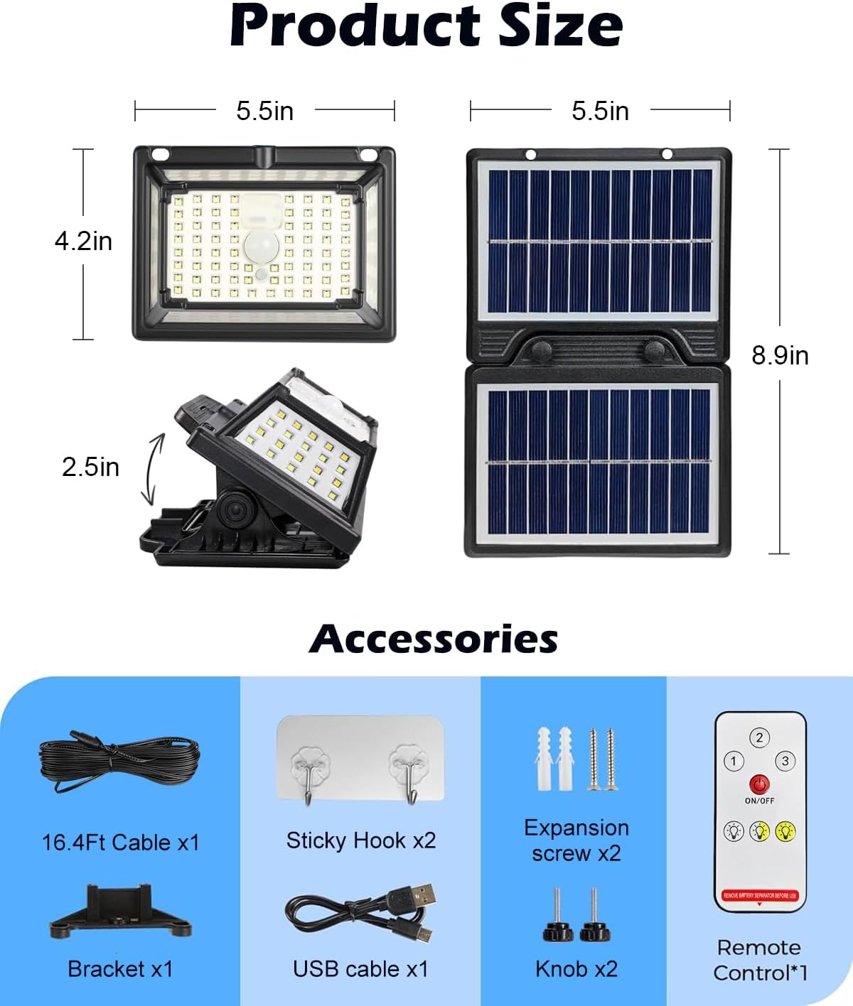 Solar Lights Outdoor,Bright 190LED Security Lights with Motion Sensor & Remote Control, 3000mAh Long-Lasting Double Solar Panel, IP65 Weatherproof, 360° Wide Angle, 3 Modes, Easy Installation