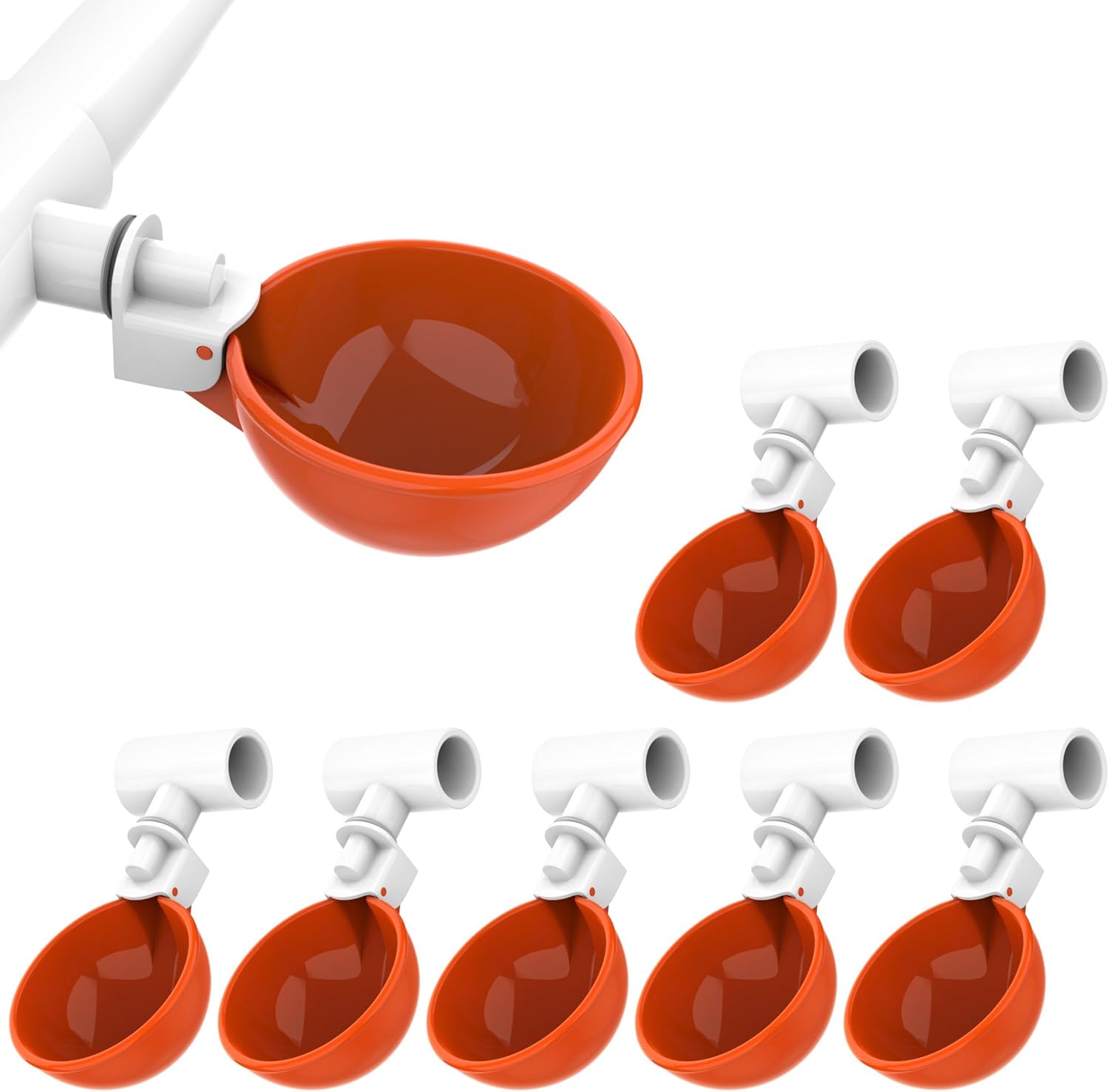 Lil'Clucker Large Automatic Chicken Waterer Cups with 1/2" PVC Tee Fittings - Chicken Water Cups, Chicken Water Feeder, for Chicks, Duck, Goose, Turkey - Poultry Waterer Feeder Kit (Orange, 8-Pack)