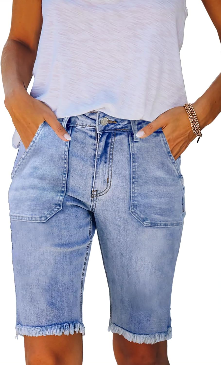 Necooer Women Jean Shorts Frayed Raw Hem Casual Summer Mid Waist Stretchy Five Points Denim Shorts