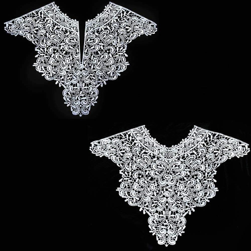 1 Sets (Front/Back) Pink/Red/Black/White Lace Neckline Collar Beautiful Flower Lace Applique Trim, Lace Fabric DIY Sewing Supplies(2Slices) (White 1)