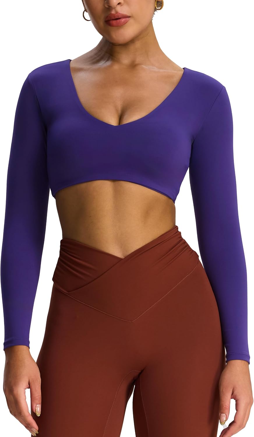 Aoxjox Long Sleeve Crop Tops for Women Stacey V Neck Workout Athletic Gym Cropped T Shirt Top