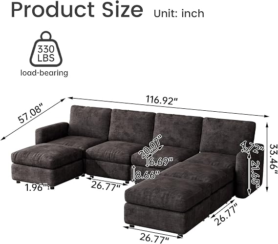 Miuuod 4-Seat Modular Sectional Sofa with 3 Storage Ottomans, Oversized Deep L-Shaped Couch for Living Room, Grey Velvet Family Sofa Set, Modern Apartment Loveseat Sleeper with Extra Comfy Seating