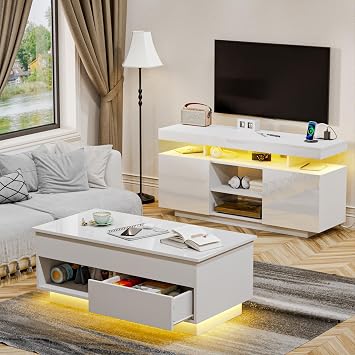 HOMMPA LED Lift Top Coffee Table and TV Stand Set of 2,Modern LED Entertainment Center with Power Outlets for up to 55" TV, Coffee Table with Hidden Compartment & 1 Open Shelve & 1 Drawers White