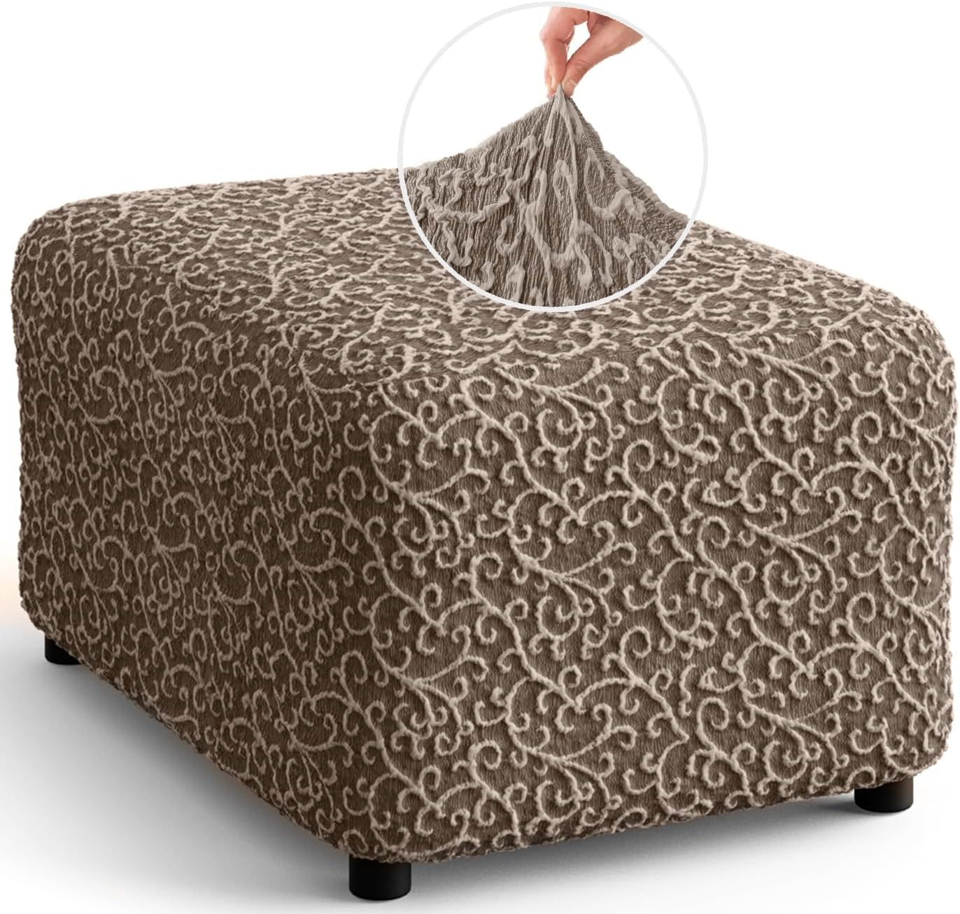 PAULATO BY GA.I.CO. Ottoman Cover - Ottoman Stool Cover - Washable Pouf Slipcover - Soft Fabric Slipcover - 1-Piece Form Fit Stretch Furniture Protector - Jacquard - Brown Arabesco