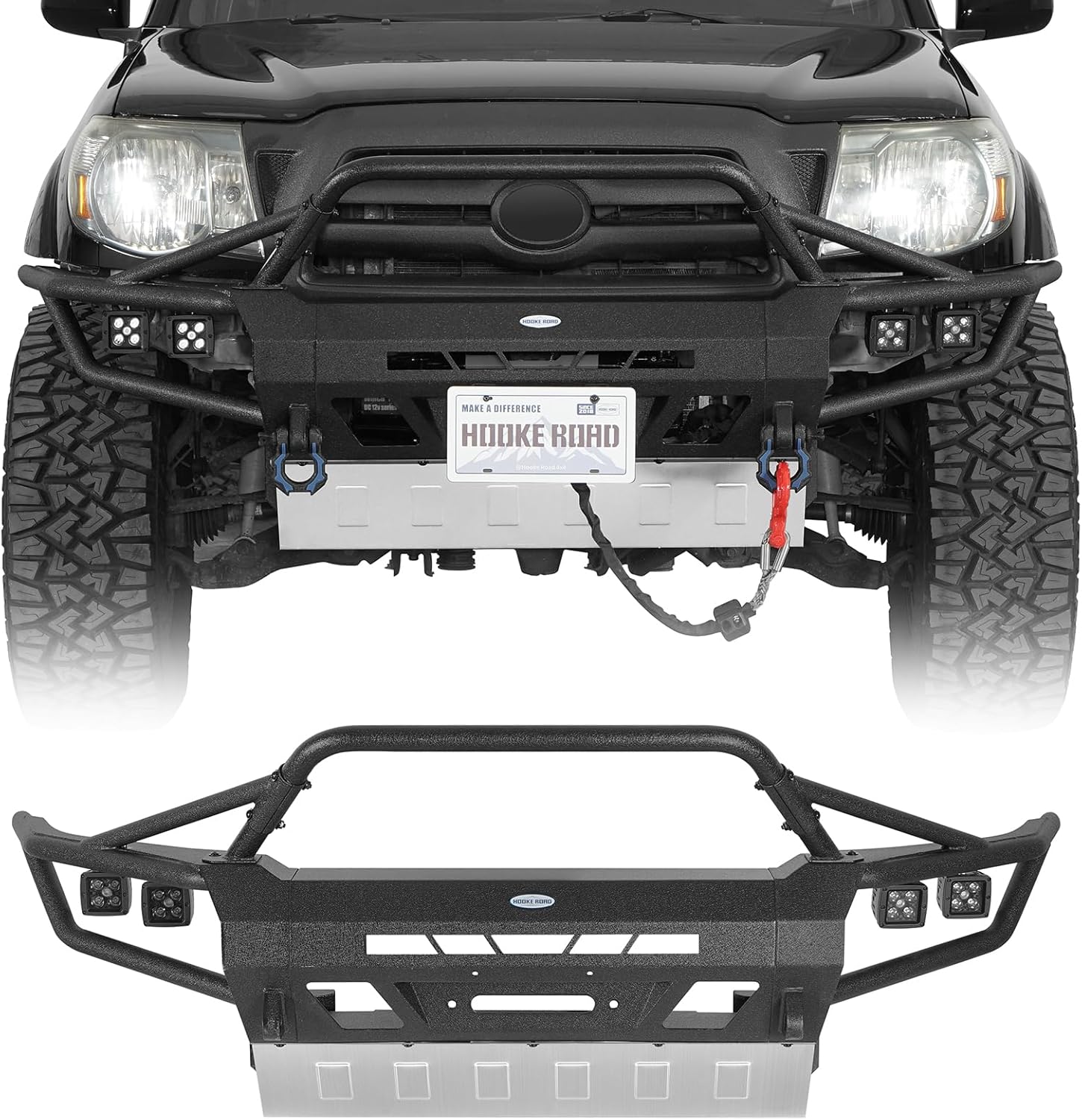Hooke Road Tacoma Front Bumper w/Winch Plate for 2005-2011 Toyota Tacoma 2nd Gen, Offroad Steel Tube Bumper with Skid Plate and 4 LED Lights