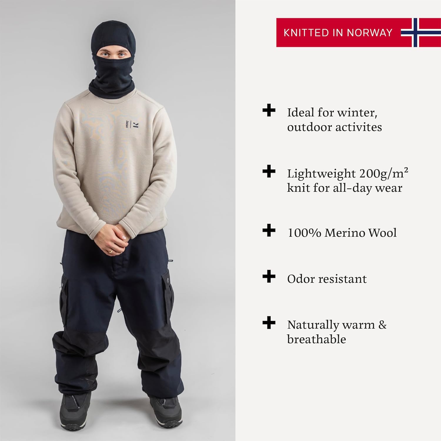 Kleveland 100% Merino Wool Crew Neck - Long-Sleeved - Winter Snowboarding Pullover - Soft & Comfortable