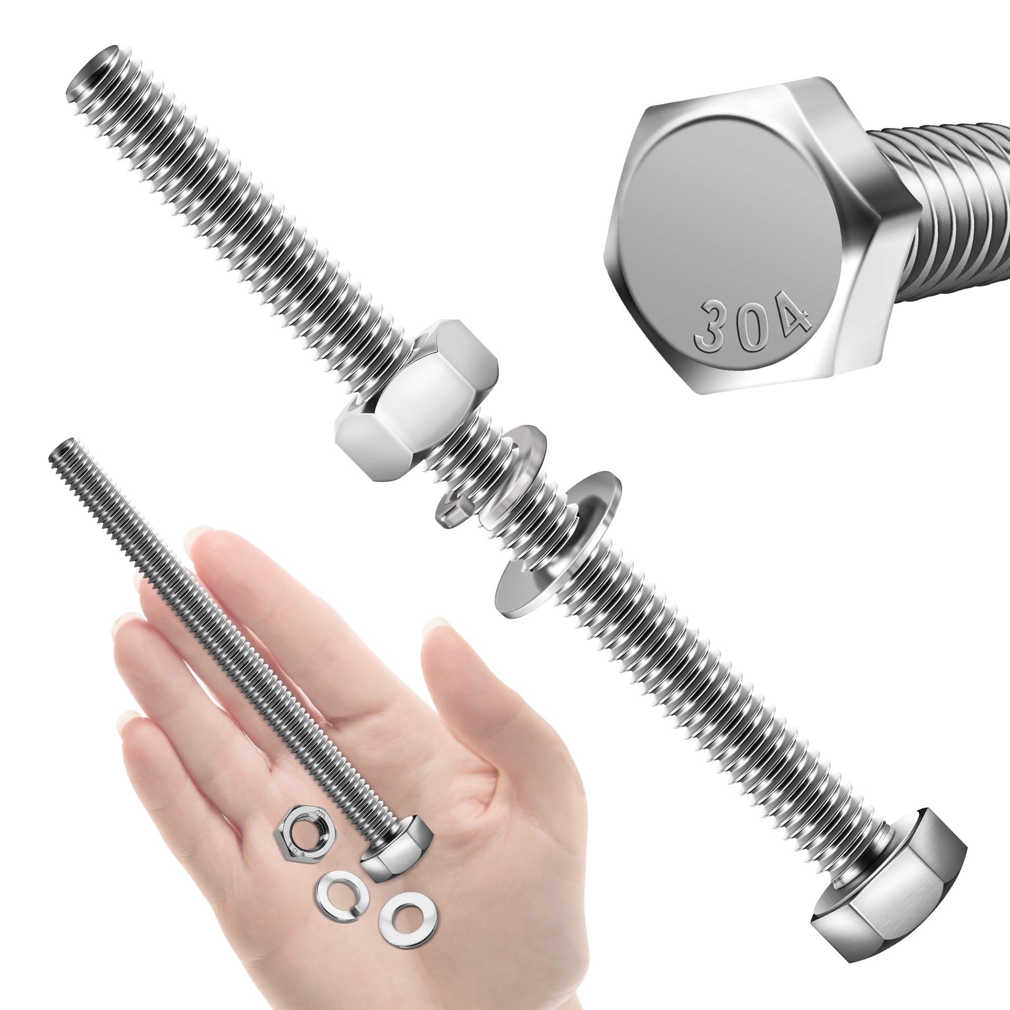 Mywish (5 Sets) 5/16-18x4 Hex Head Assorted Screws Nuts and Bolts with Flat & Lock Washers, 304 Stainless Steel 18-8, Fully Threaded, 5/16 Bolt Metric