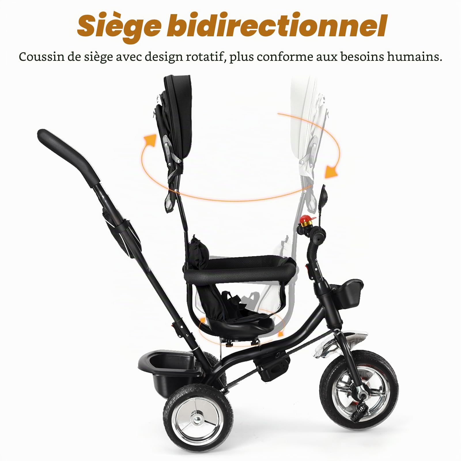 Tricycle Évolutif Bébé 4 en 1 – Poussette Canne Compacte et Multifonction, Position Allongée, Guidon Réglable, Pliable, Roues Anti-Crevaison, Jusqu’à 22 kg（Noir）