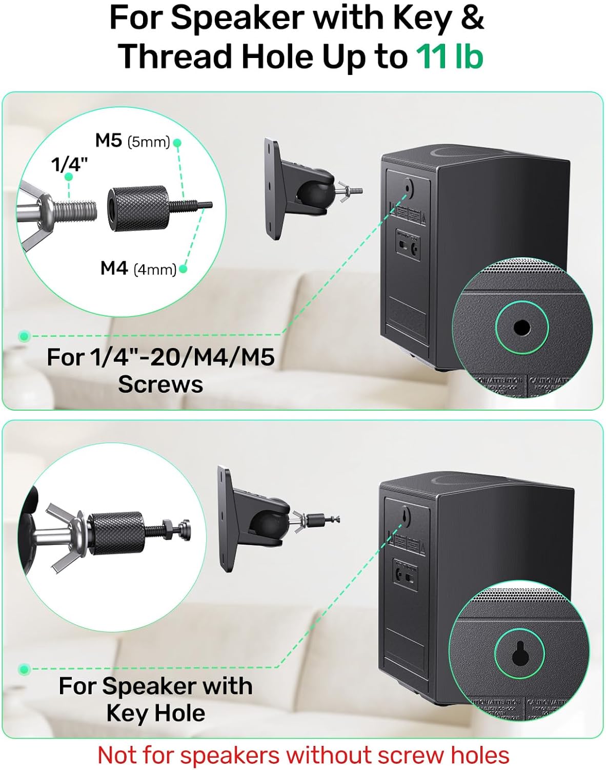 Surround Sound Rear Speaker Wall Mount, Ceiling Mount Bracket for Universal Satellite, fits Keyhole and Thread Hole with 1/4"- 20, 5mm & 4mm Thread, Works with Roku, Samsung q990D, Holds up to 11 lbs
