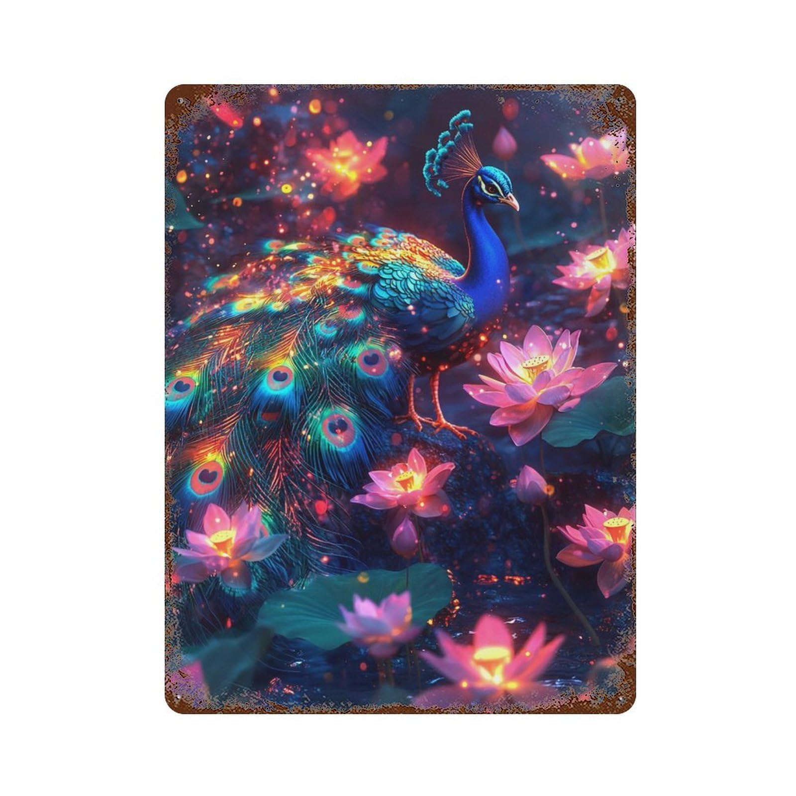 Retro Metal Sign Enchanted Peacock with Lotus Flowers 15.7"x11.8", Decorative Metal Wall Art for Pub, Kitchen And Man Cave Decor