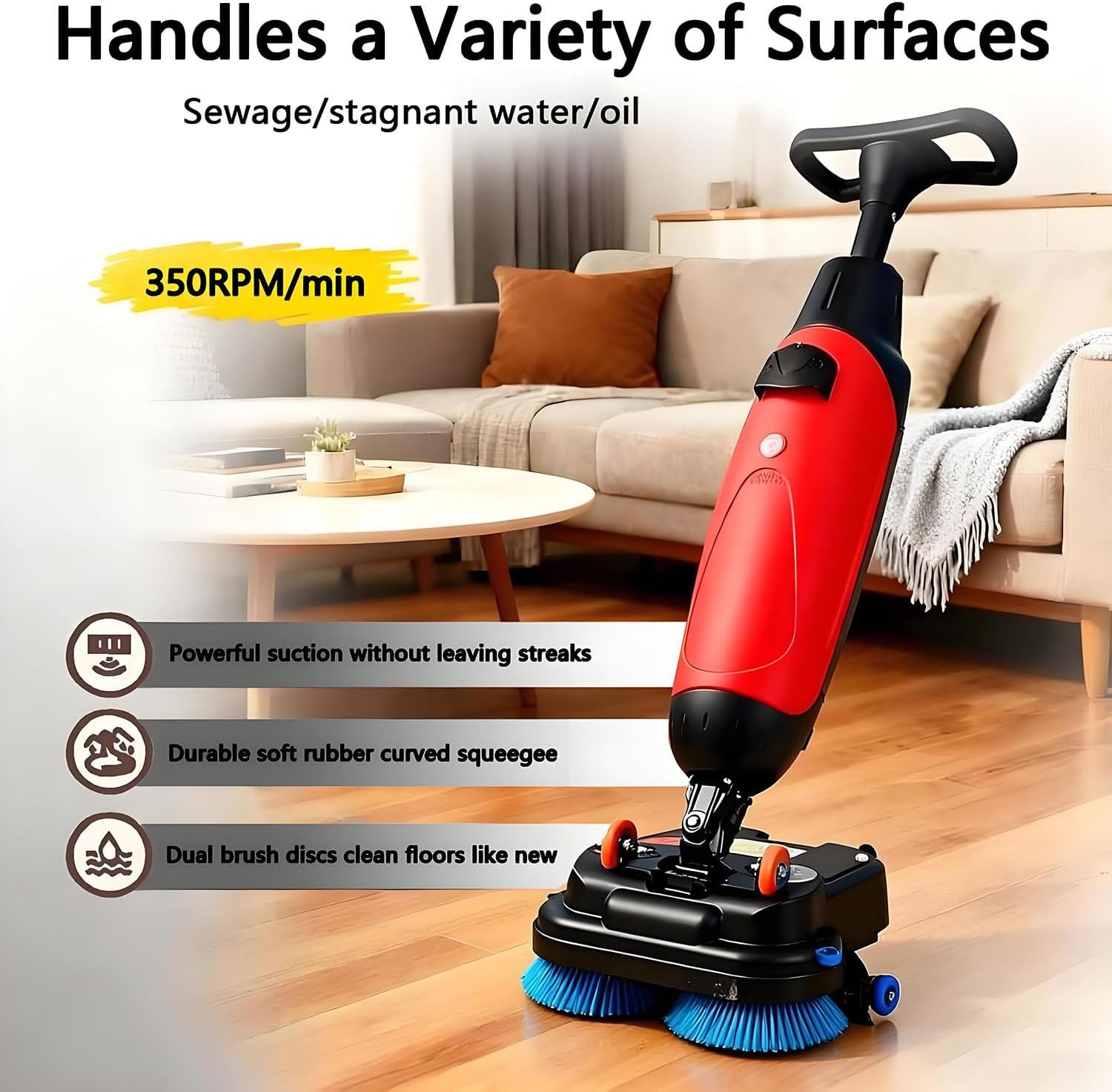Commercial Electric Floor Scrubber Tile Polisher, Carpet Extractor Power Scrub Brush, 360°Rotating, Self-Propelled, Convenient Cordless. Fits Vinyl, Rubbermaid, Concrete, Luxury Vinyl Floor Red