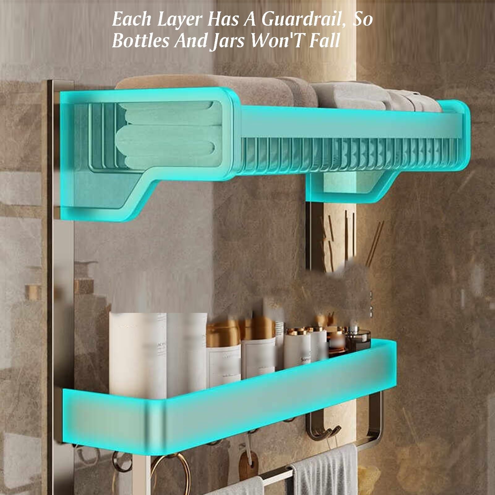 Portasciugamani a 2 ripiani, mensola portasciugamani da parete con ganci mobili, realizzato in alluminio spaziale, per soggiorno, balcone, bagno (L-57 cm)
