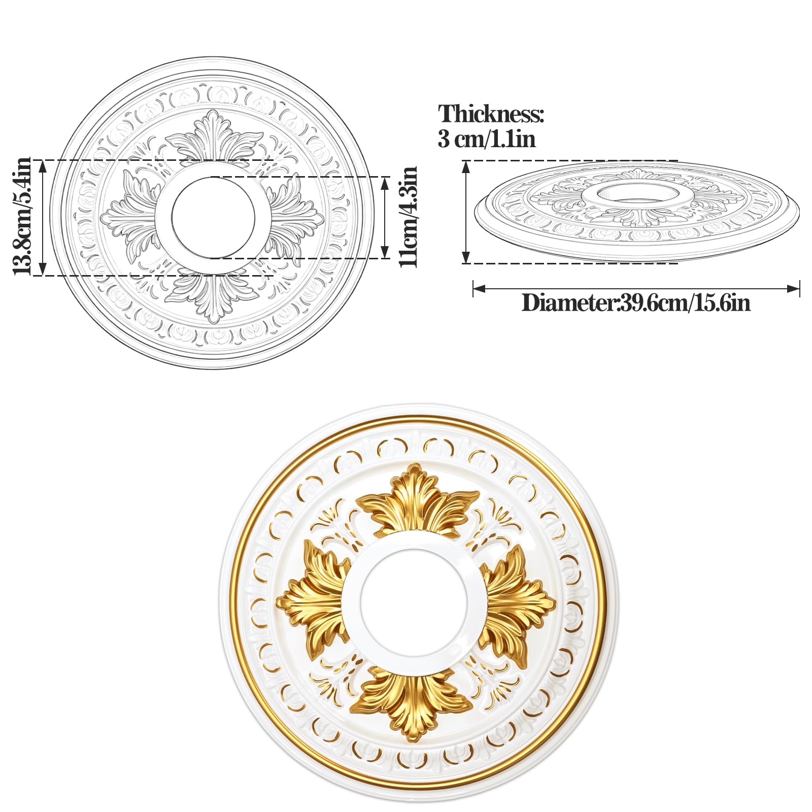 Primst PU Decorative Ceiling Medallion for Light Fixtures and Ceiling Fans, Molded Plastic, Gold and White Finish, (B-15.6"OD x 4.3"ID) — Amazon image 3