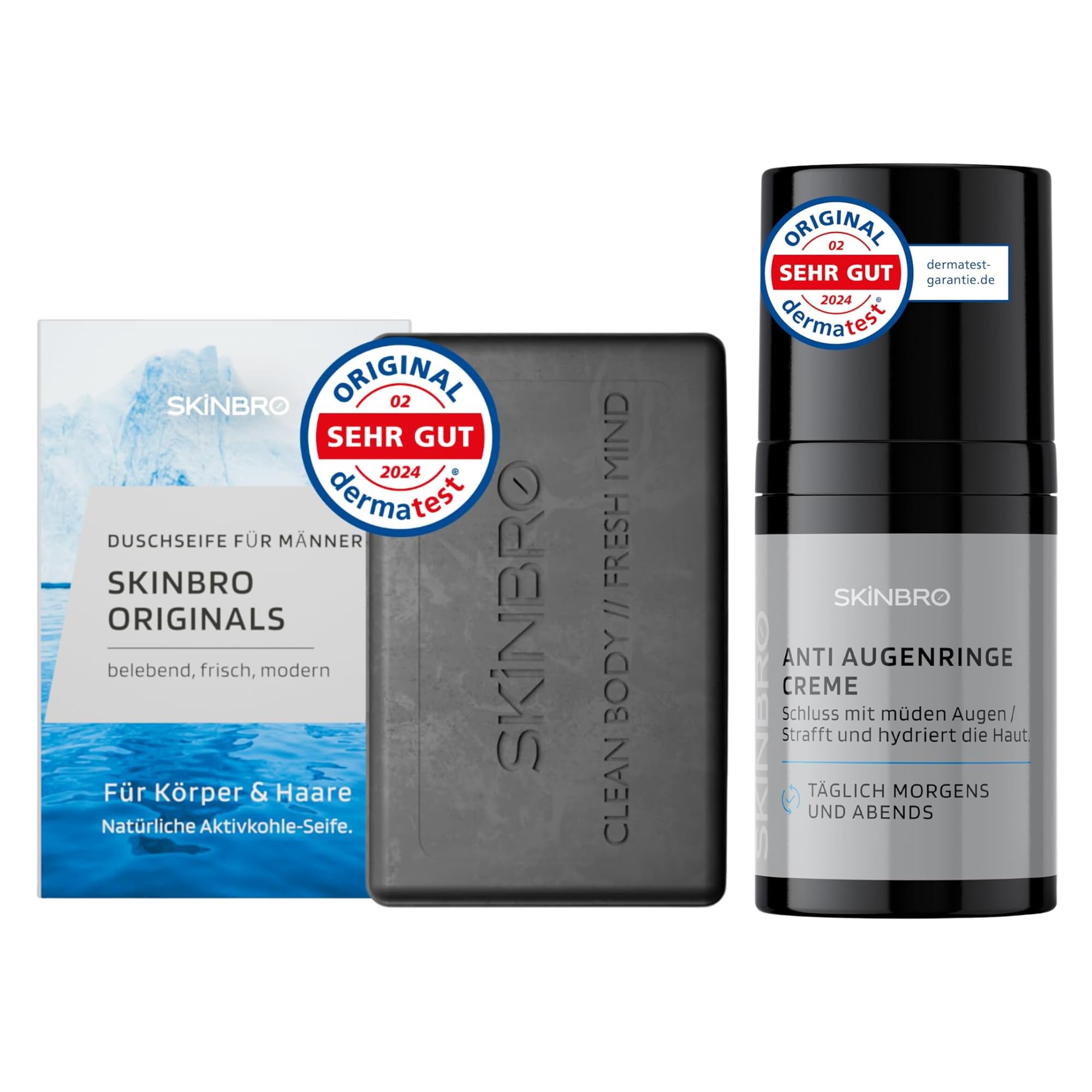 SKINBRO Männer Pflege-Set: Festes Duschgel Originals mit Aktivkohle (100g) & Anti-Augenringe Creme (15ml) – Sportlich-frische Reinigung & Augenpflege gegen Falten – Vegan & Made in Germany