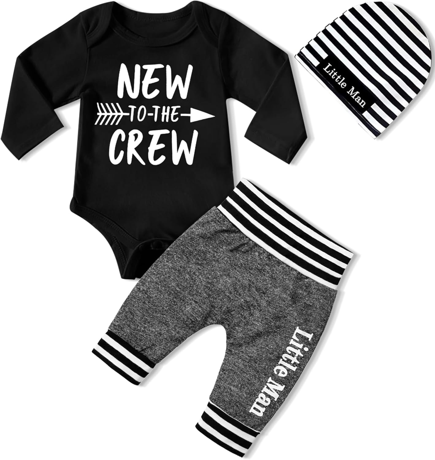 Newborn Baby Boy Clothes New To The Crew Letter Print Romper+Pants+Striped Hat 3pcs Infant Outfits Set