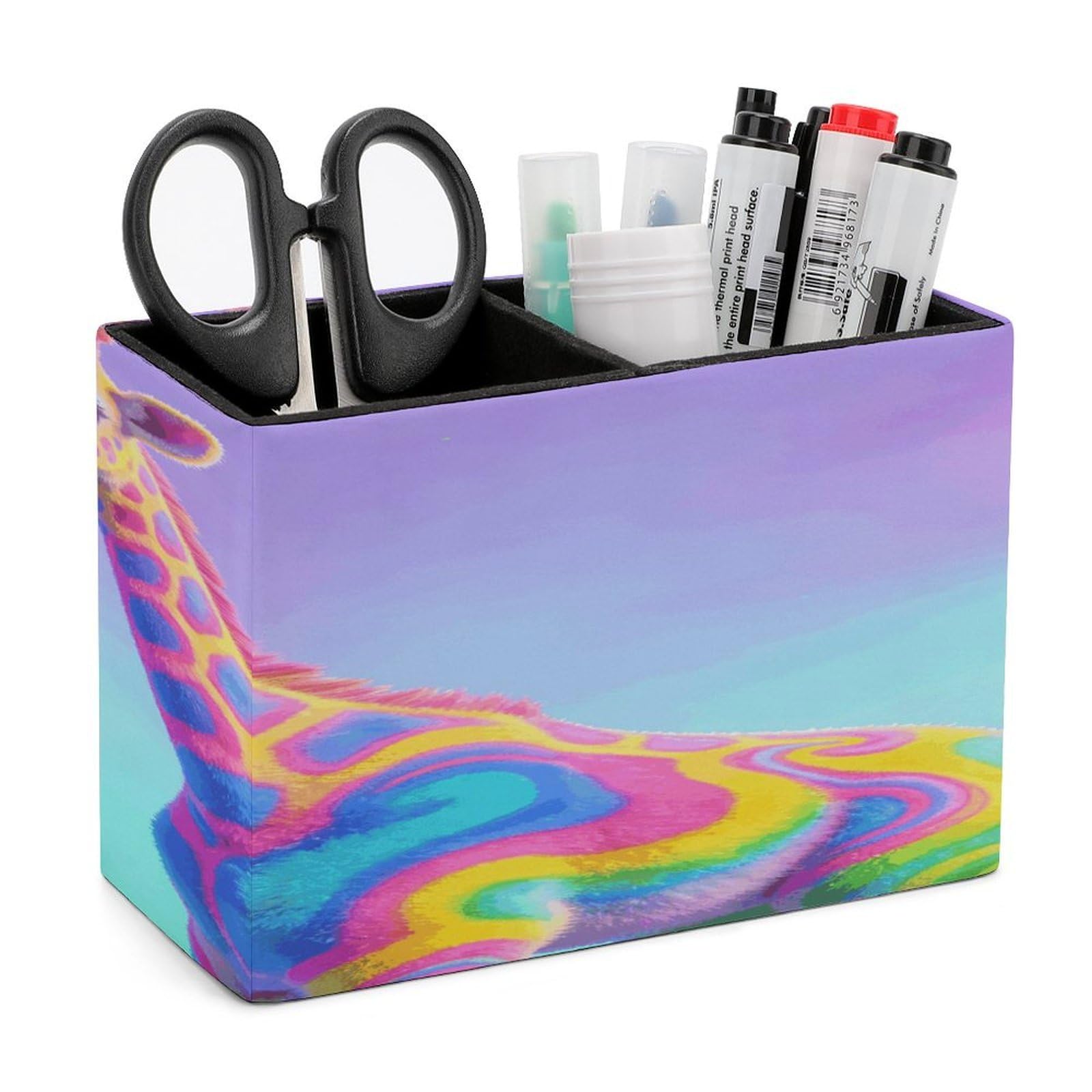 LZQPOEAS Neon Giraffe Pen Holder Double Compartments Pen Cup Makeup Brush Holders Leather Pencil Holder Locker Organizer for Work Locker Accessories Modern Pencil Cup for Desk
