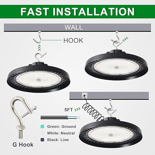 Miniatura 10 de Luz LED UFO de alta bahía de 150 W, 0-10 V regulable de alta bahía LED de 5000 K, ETL DLC con gancho de EE. UU., cable de iluminación LED de alta