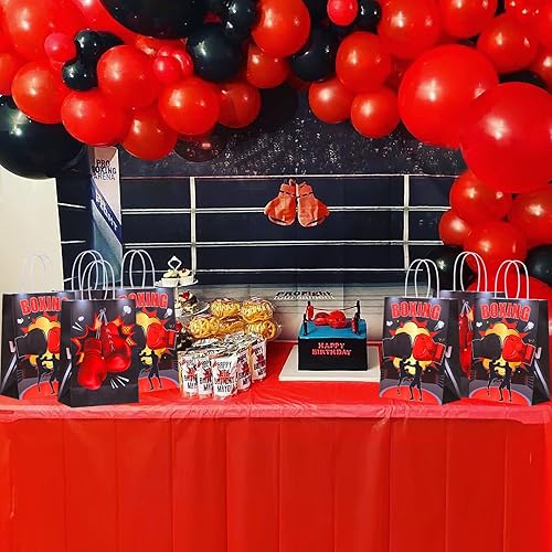 Miniatura 5 de JOYMEMO Paquete de 16 bolsas de boxeo para fiesta, color rojo y negro, bolsas de regalo temáticas de boxeo con asas para deportes, cumpleaños,