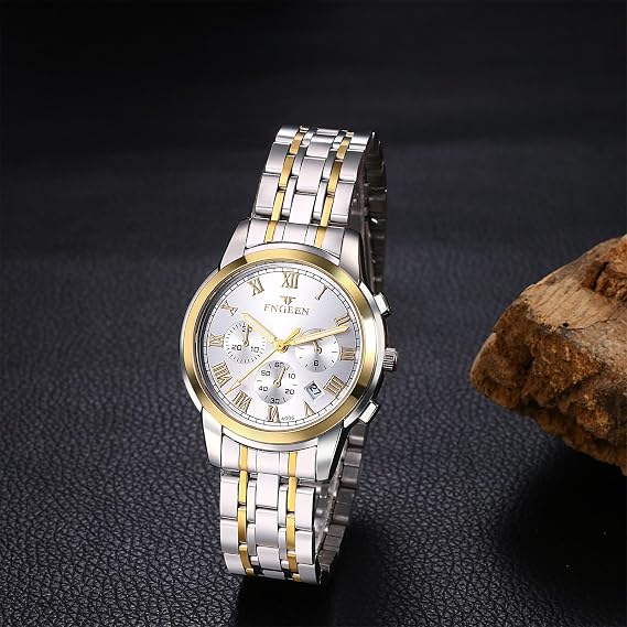 Women's Watches Men's Watches Stainless Steel Calendar: 3ATM Waterproof Three Eyes Multifunction Analogue Quartz Wrist Watch with Luminous Hands Stainless Steel Bracelet Watch Gifts for